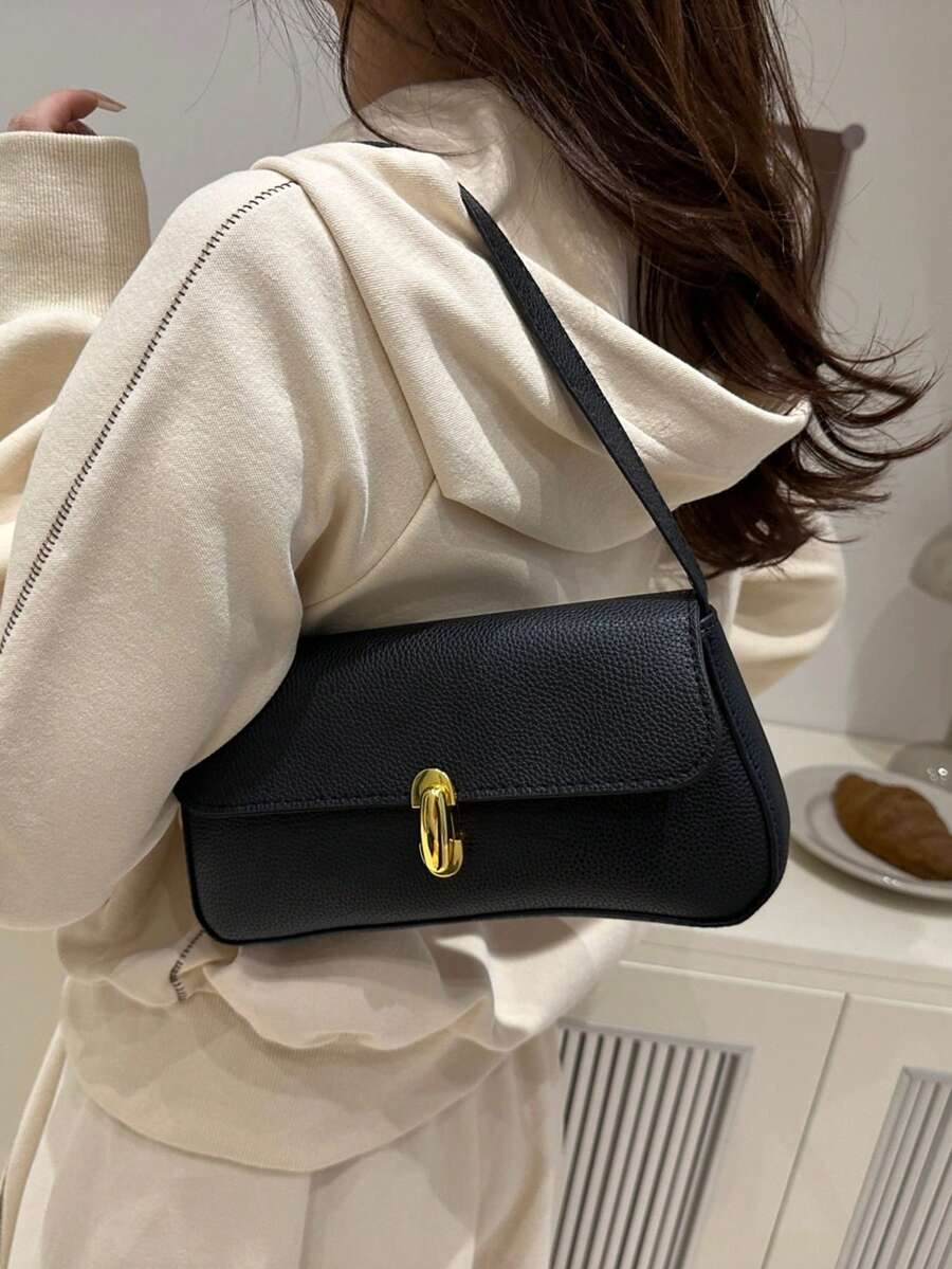 Women's Coffee Brown Shoulder Bag Quiet Luxury Metal Decor Small Underarm Purse - Black