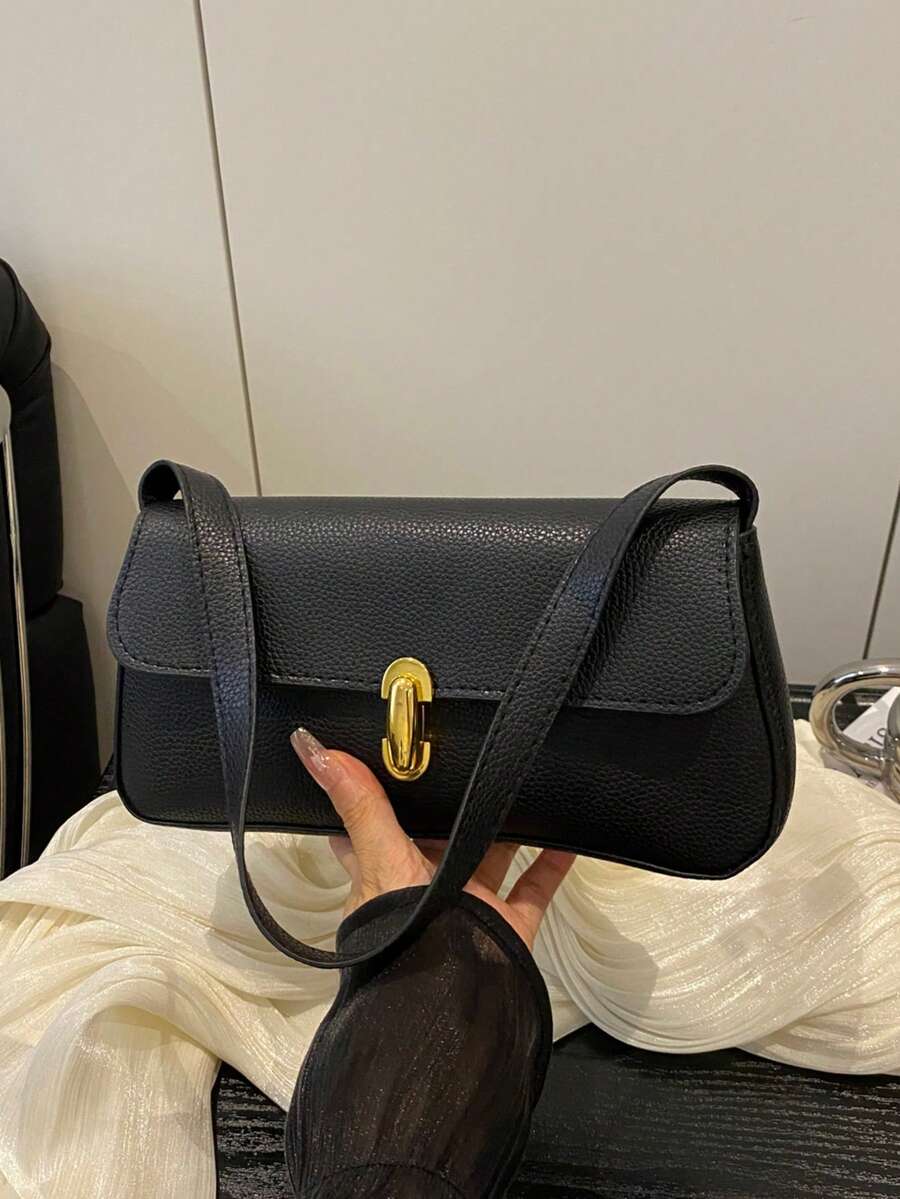 Women's Coffee Brown Shoulder Bag Quiet Luxury Metal Decor Small Underarm Purse - Black