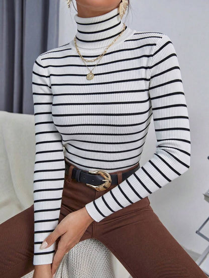 Ingrid Fitted Rib Knit Turtleneck Long Sleeve Pullover Sweater - Black White Stripe
