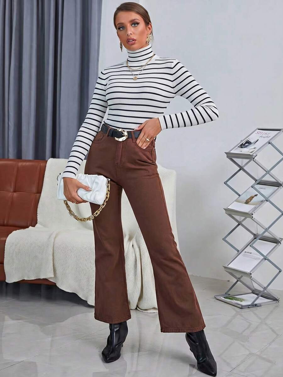 Ingrid Fitted Rib Knit Turtleneck Long Sleeve Pullover Sweater - Black White Stripe
