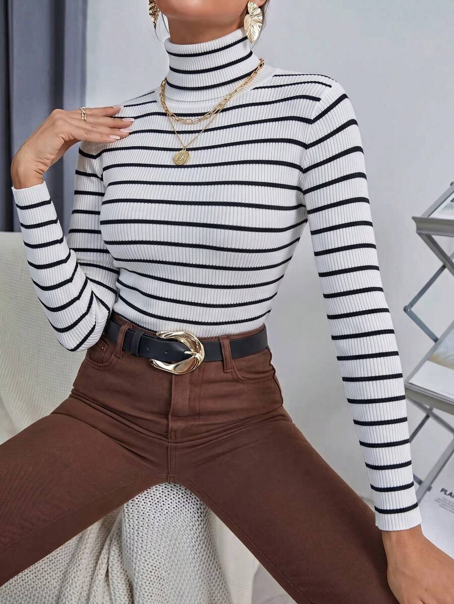 Ingrid Fitted Rib Knit Turtleneck Long Sleeve Pullover Sweater - Black White Stripe