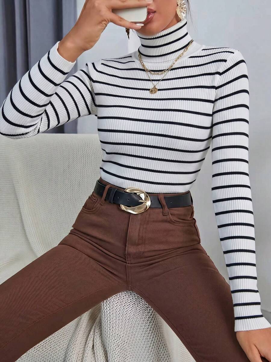 Ingrid Fitted Rib Knit Turtleneck Long Sleeve Pullover Sweater - Black White Stripe