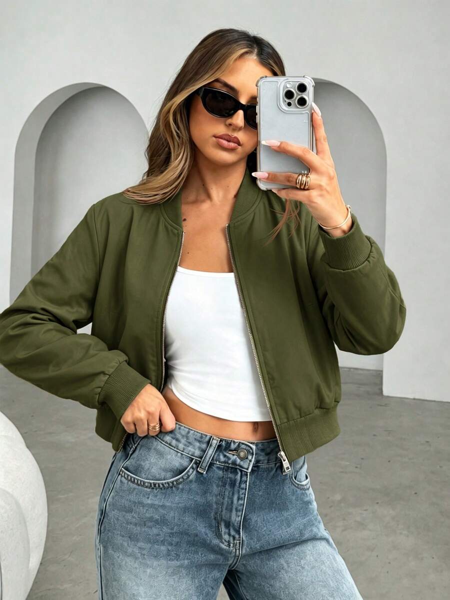 Steamboat Zip Up Bomber Jacket with Ribbed Trim - Army Green