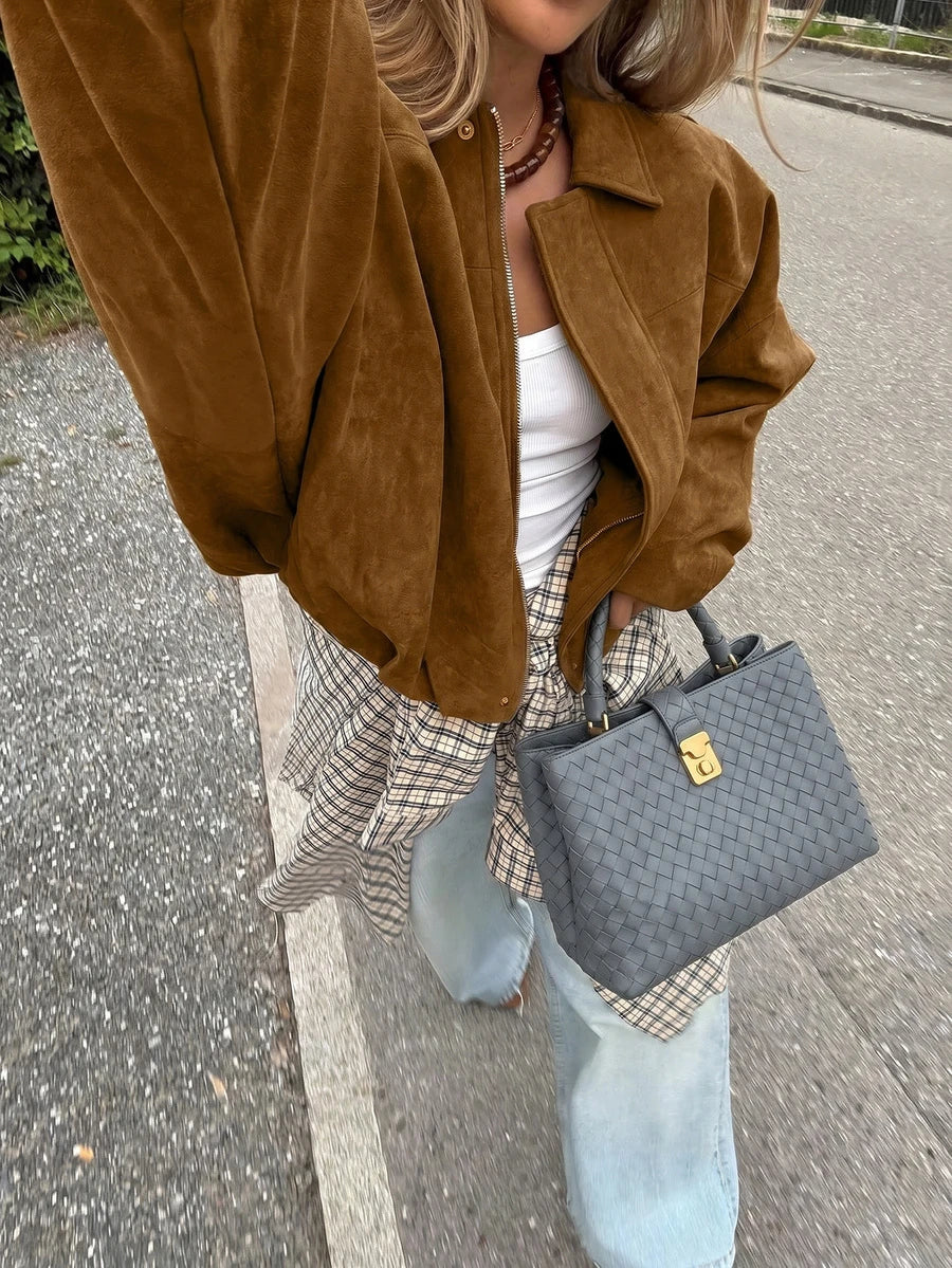 Sabrina Faux Suede Oversized Cropped Collared Jacket - Camel