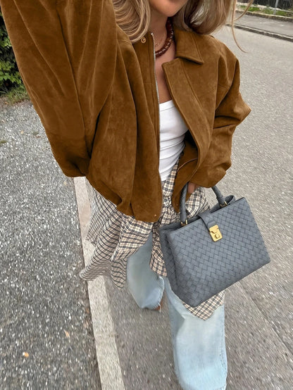 Sabrina Faux Suede Oversized Cropped Collared Jacket - Camel