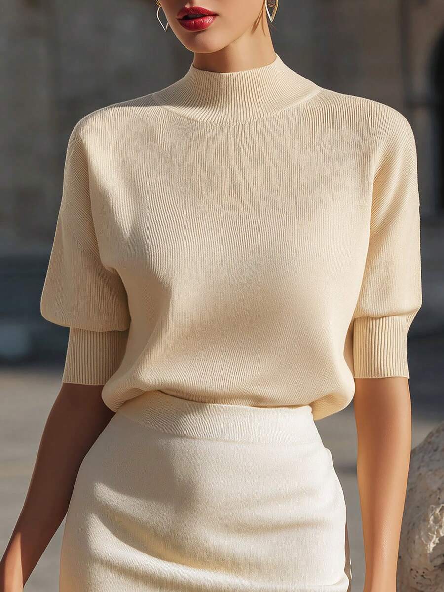 Women's Mock Neck Short Sleeve Knit Top, Fitted Sweater Tee for Work and Layering - Khaki