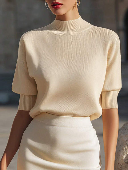 Women's Mock Neck Short Sleeve Knit Top, Fitted Sweater Tee for Work and Layering - Khaki