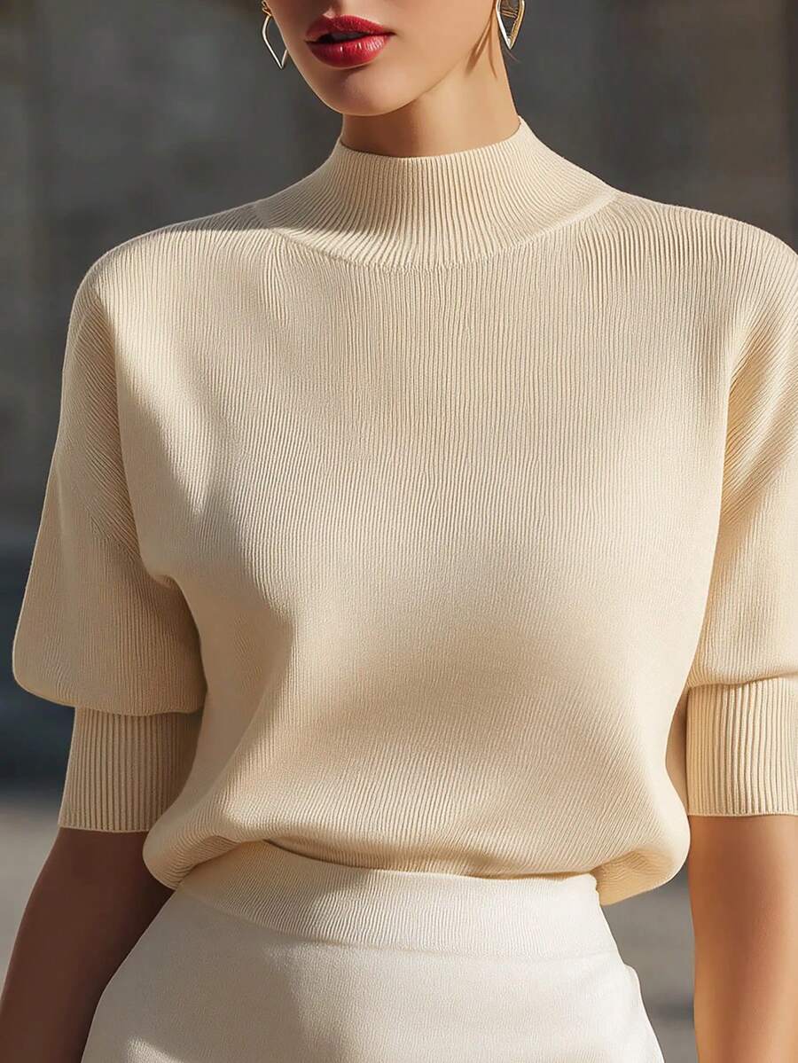Women's Mock Neck Short Sleeve Knit Top, Fitted Sweater Tee for Work and Layering - White