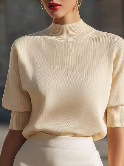 Women's Mock Neck Short Sleeve Knit Top, Fitted Sweater Tee for Work and Layering - White