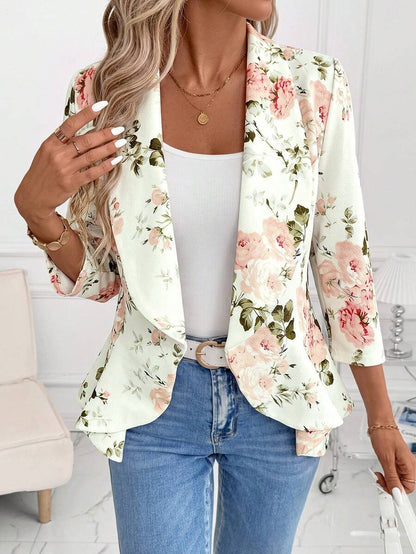 Octavia Waterfall Collar Open Front Asymmetric Hem Knit Blazer - Rose Floral