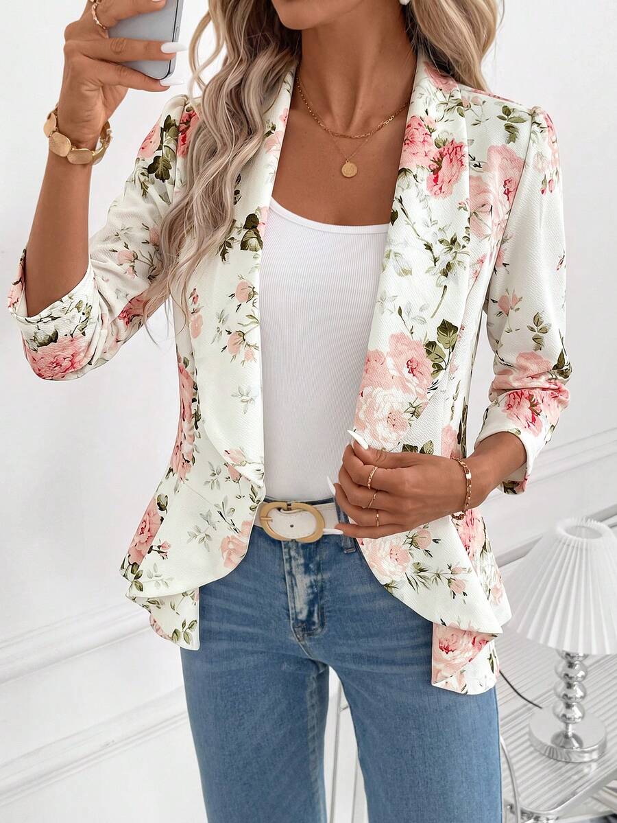 Octavia Waterfall Collar Open Front Asymmetric Hem Knit Blazer - Rose Floral