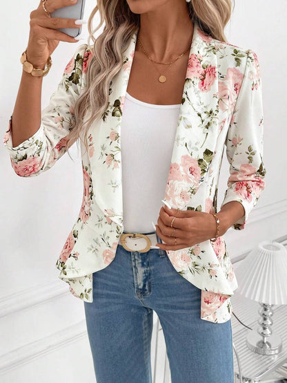 Octavia Waterfall Collar Open Front Asymmetric Hem Knit Blazer - Rose Floral