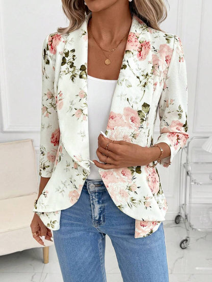 Octavia Waterfall Collar Open Front Asymmetric Hem Knit Blazer - Rose Floral