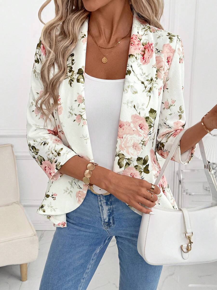 Octavia Waterfall Collar Open Front Asymmetric Hem Knit Blazer - Rose Floral