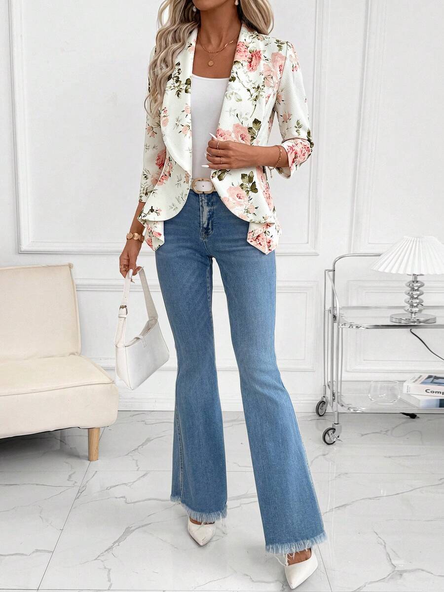 Octavia Waterfall Collar Open Front Asymmetric Hem Knit Blazer - Rose Floral