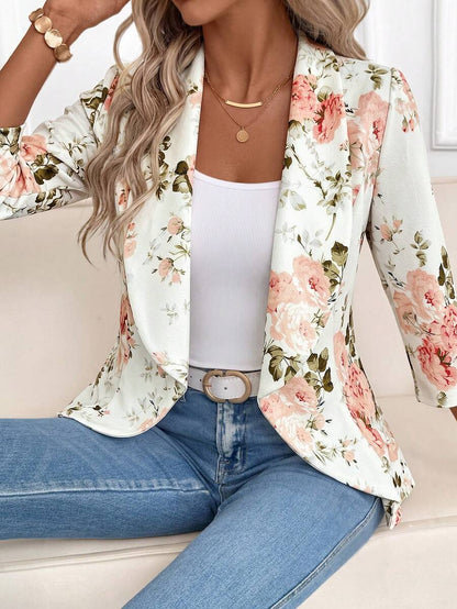 Octavia Waterfall Collar Open Front Asymmetric Hem Knit Blazer - Rose Floral