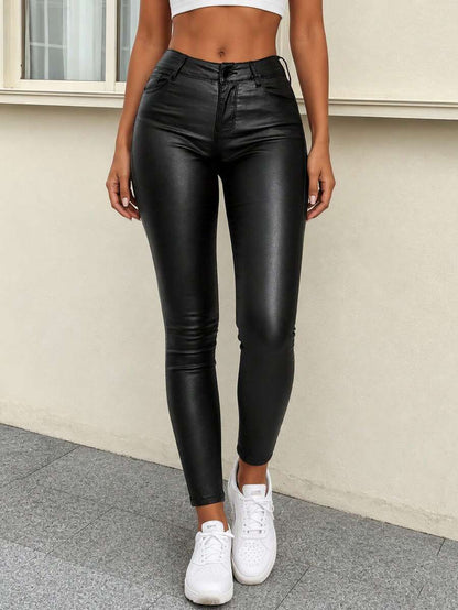 Vilnius High Waist Faux Leather Skinny Pants - Black