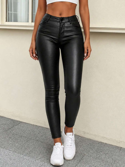 Vilnius High Waist Faux Leather Skinny Pants - Black