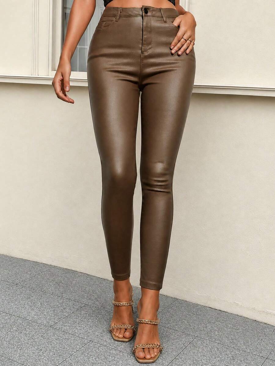 Vilnius High Waist Faux Leather Skinny Pants - Ginger