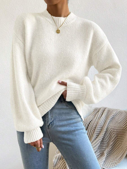 Viola Relaxed Mock Neck Sweater with Drop Shoulders - White