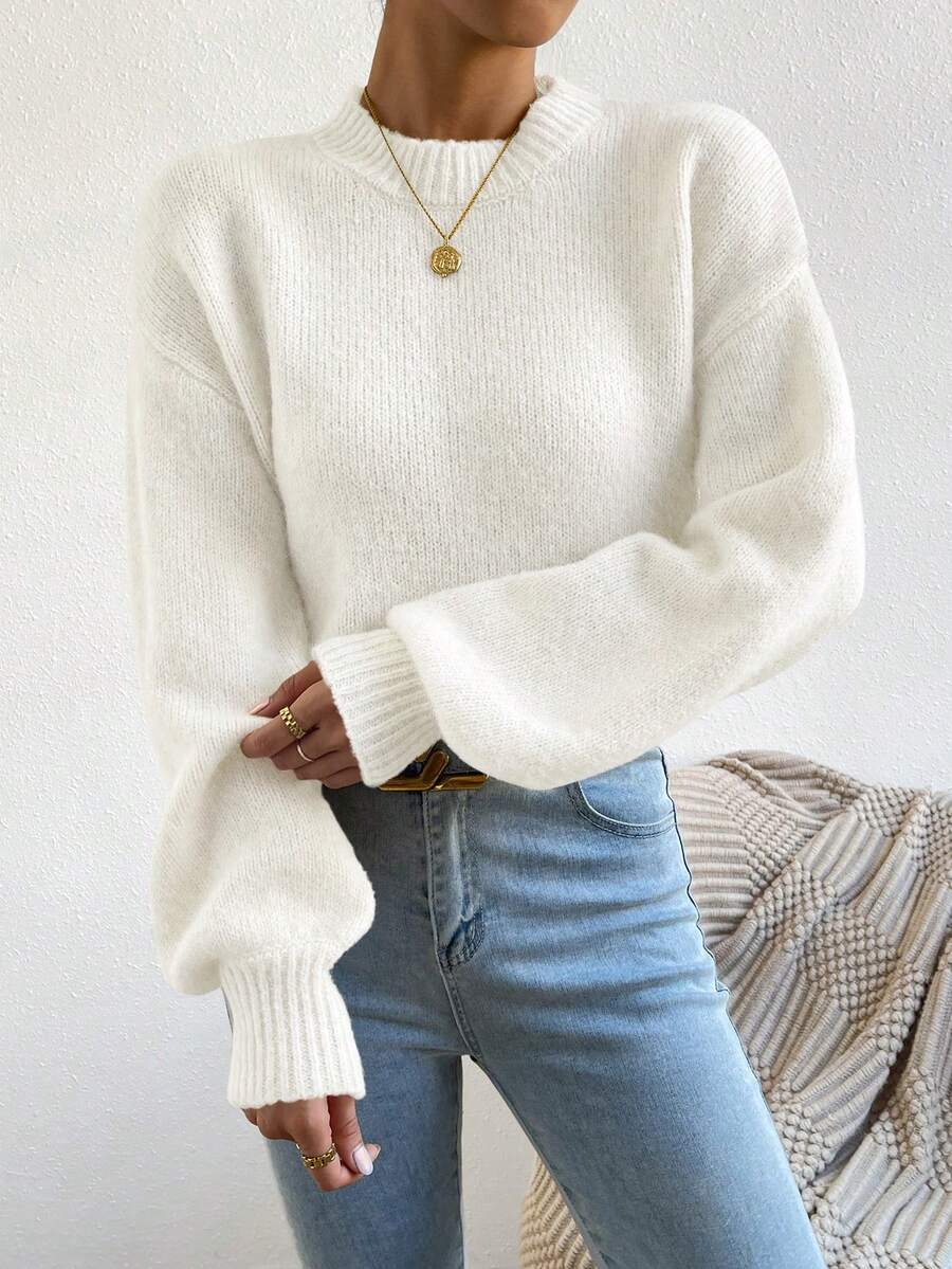 Viola Relaxed Mock Neck Sweater with Drop Shoulders - White
