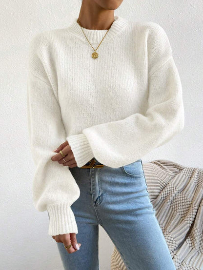 Viola Relaxed Mock Neck Sweater with Drop Shoulders - White