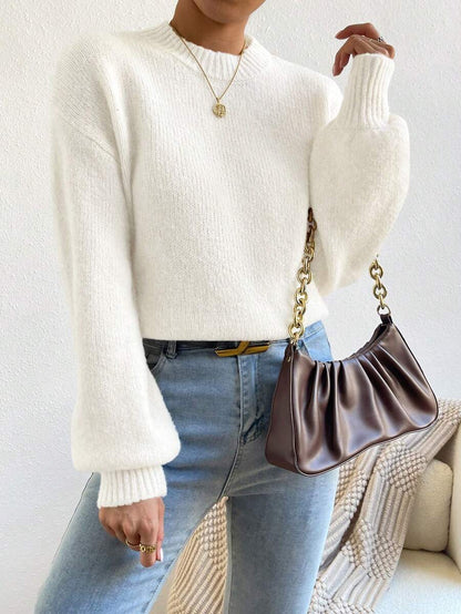 Viola Relaxed Mock Neck Sweater with Drop Shoulders - White