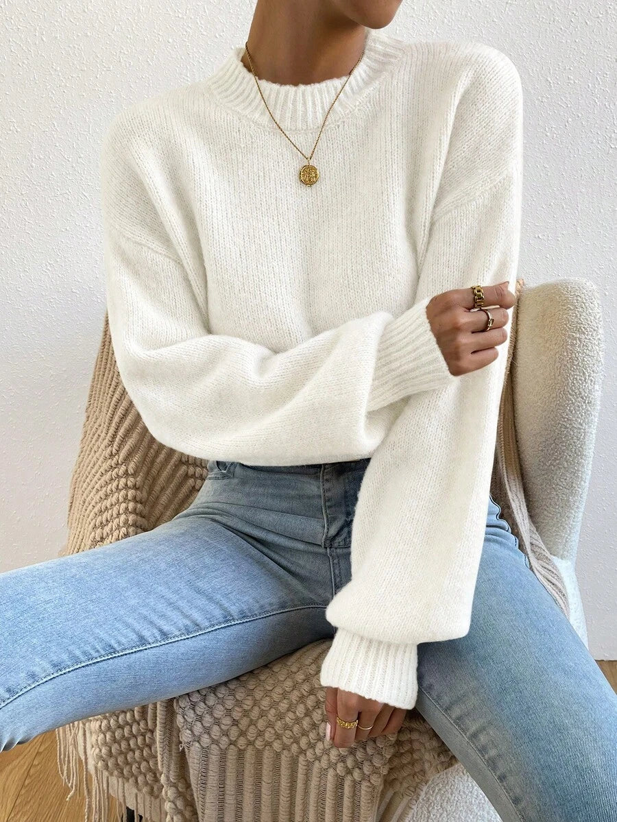 Viola Relaxed Mock Neck Sweater with Drop Shoulders - White