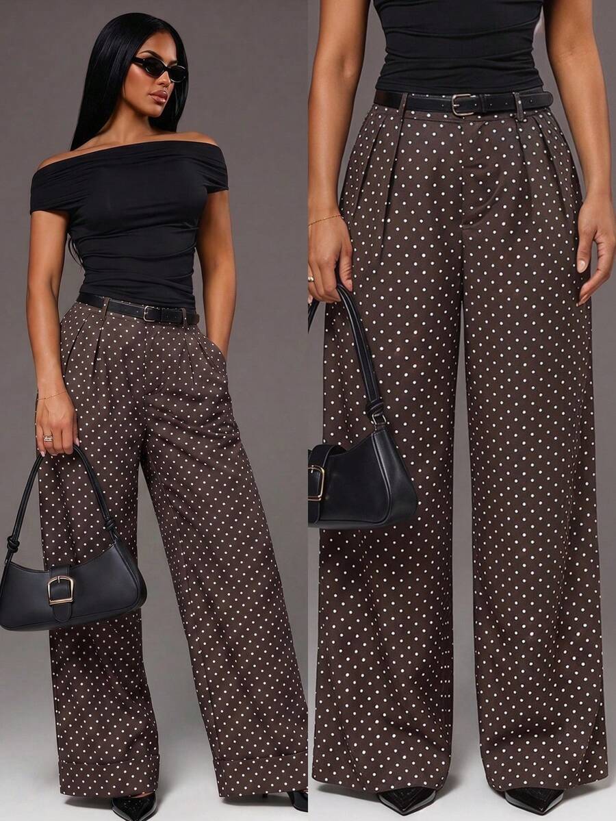 Theodora High Waist Pleated Oversized Wide Leg Suit Trousers - Brown Polka Dot