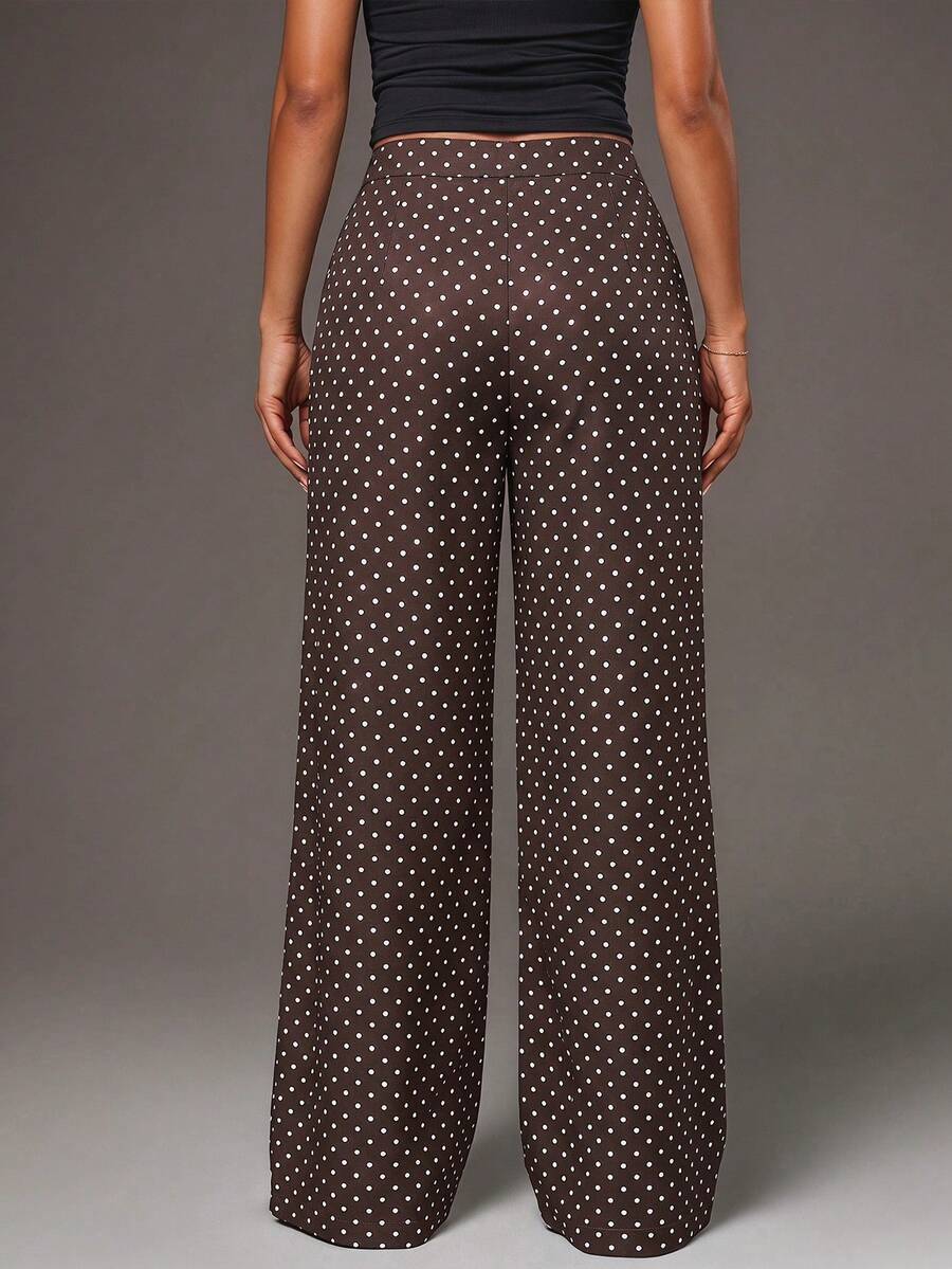 Theodora High Waist Pleated Oversized Wide Leg Suit Trousers - Brown Polka Dot