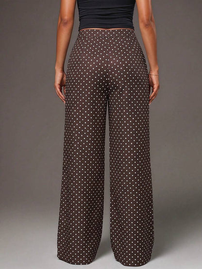 Theodora High Waist Pleated Oversized Wide Leg Suit Trousers - Brown Polka Dot