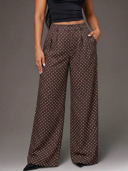 Theodora High Waist Pleated Oversized Wide Leg Suit Trousers - Brown Polka Dot