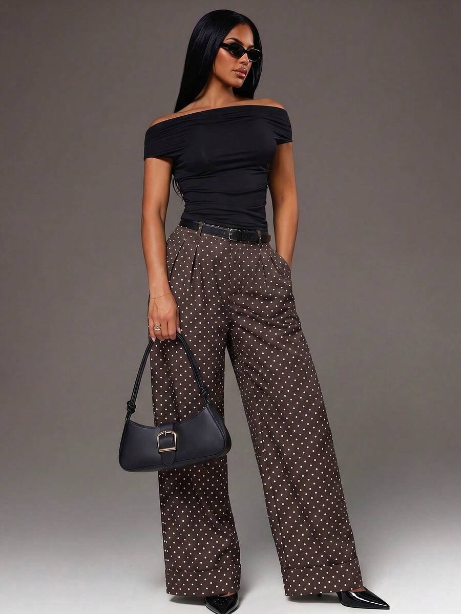 Theodora High Waist Pleated Oversized Wide Leg Suit Trousers - Brown Polka Dot