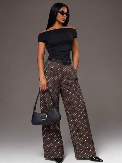 Theodora High Waist Pleated Oversized Wide Leg Suit Trousers - Brown Polka Dot