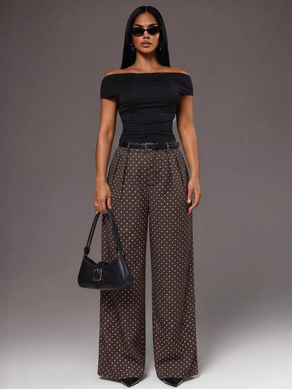 Theodora High Waist Pleated Oversized Wide Leg Suit Trousers - Brown Polka Dot