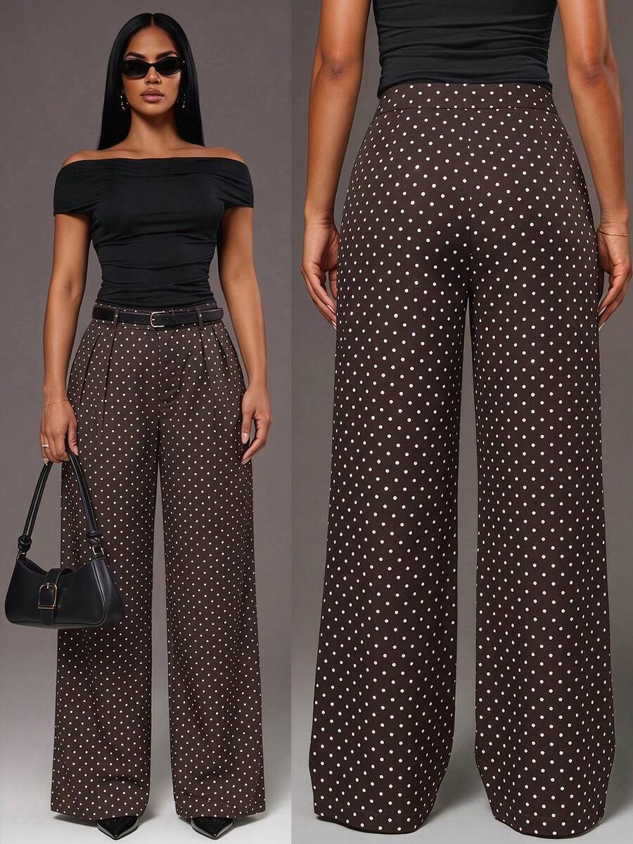 Theodora High Waist Pleated Oversized Wide Leg Suit Trousers - Brown Polka Dot