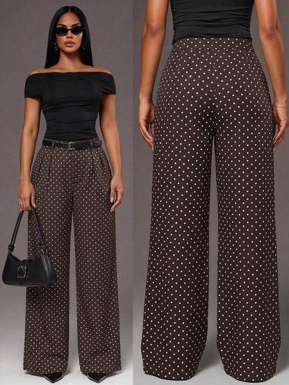 Theodora High Waist Pleated Oversized Wide Leg Suit Trousers - Brown Polka Dot