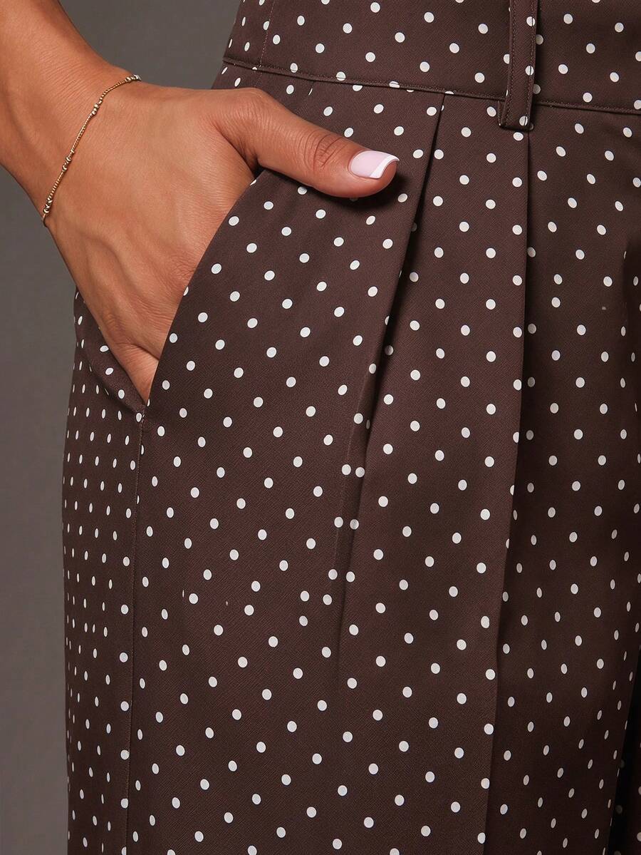 Theodora High Waist Pleated Oversized Wide Leg Suit Trousers - Brown Polka Dot