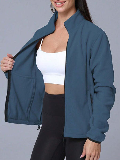 Gwendolyn Full Zip Fleece Jacket with Stand Collar and Pockets - Slate Blue