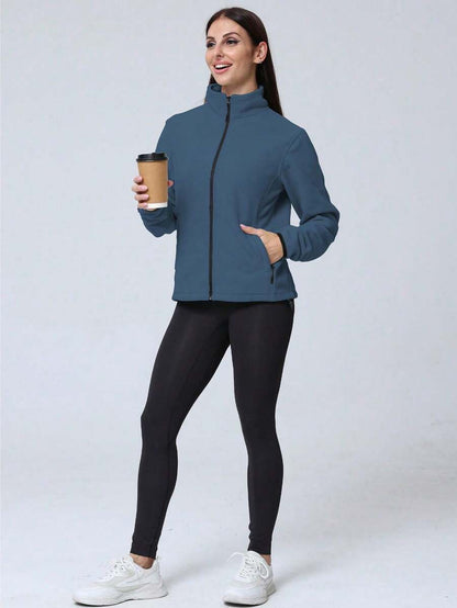 Gwendolyn Full Zip Fleece Jacket with Stand Collar and Pockets - Slate Blue