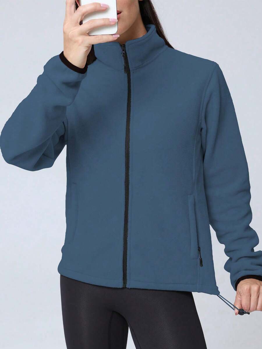 Gwendolyn Full Zip Fleece Jacket with Stand Collar and Pockets - Slate Blue