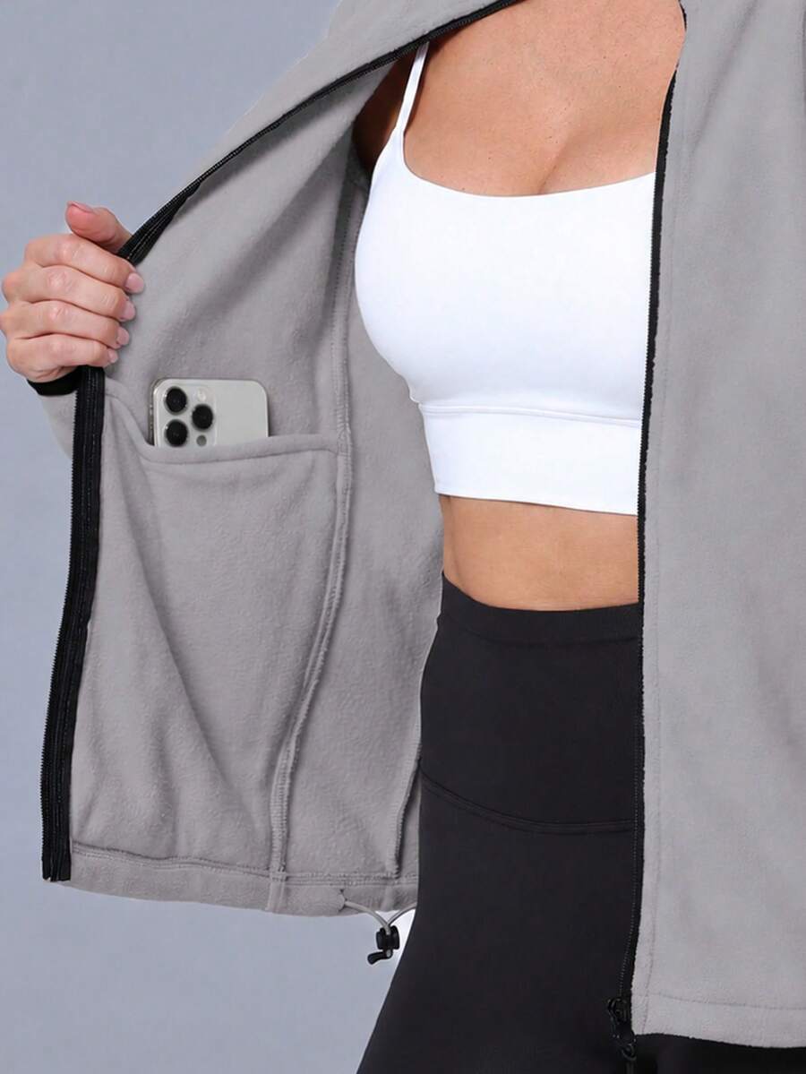 Gwendolyn Full Zip Fleece Jacket with Stand Collar and Pockets - Grey