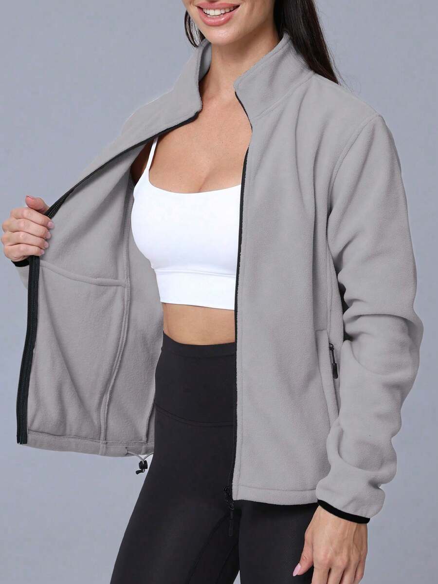 Gwendolyn Full Zip Fleece Jacket with Stand Collar and Pockets - Grey
