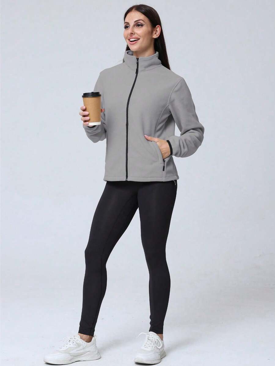Gwendolyn Full Zip Fleece Jacket with Stand Collar and Pockets - Grey