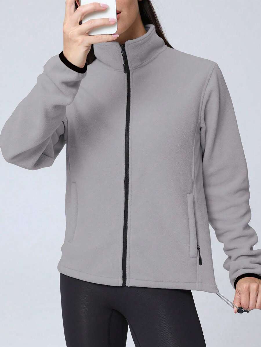 Gwendolyn Full Zip Fleece Jacket with Stand Collar and Pockets - Grey