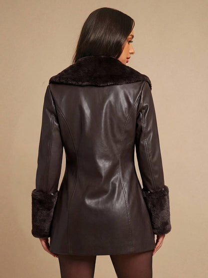 Saint Moritz Faux Fur Collar Double Breasted Faux Leather Jacket