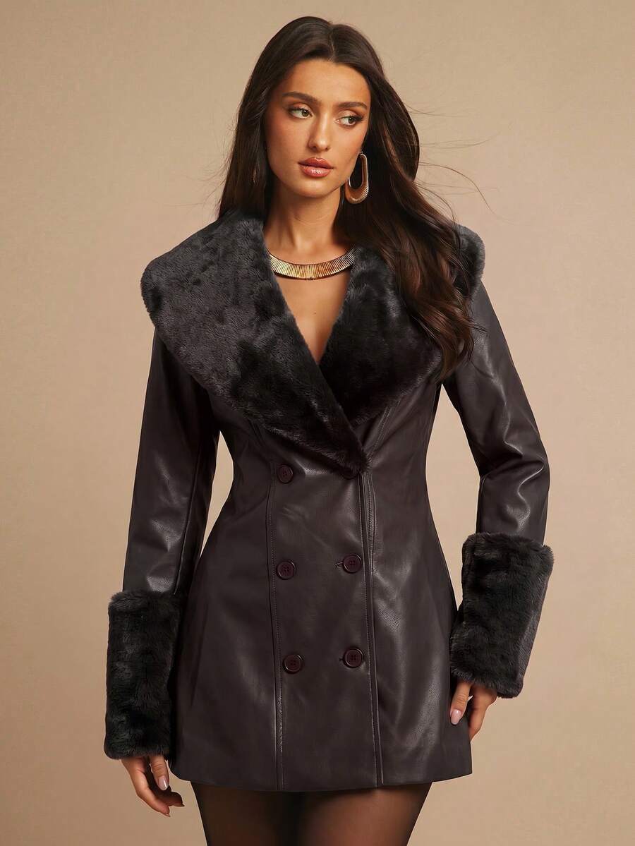 Saint Moritz Faux Fur Collar Double Breasted Faux Leather Jacket