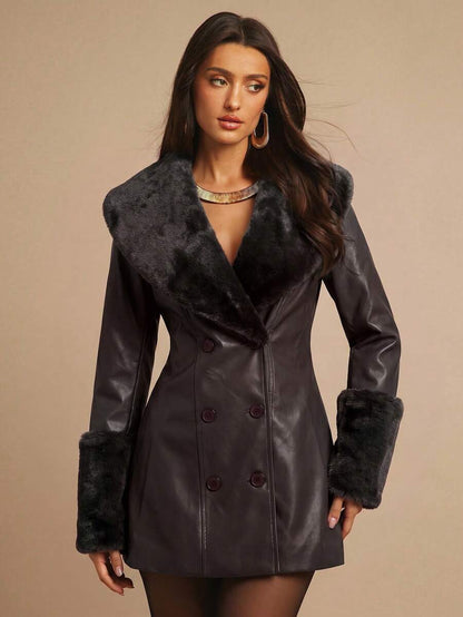 Saint Moritz Faux Fur Collar Double Breasted Faux Leather Jacket
