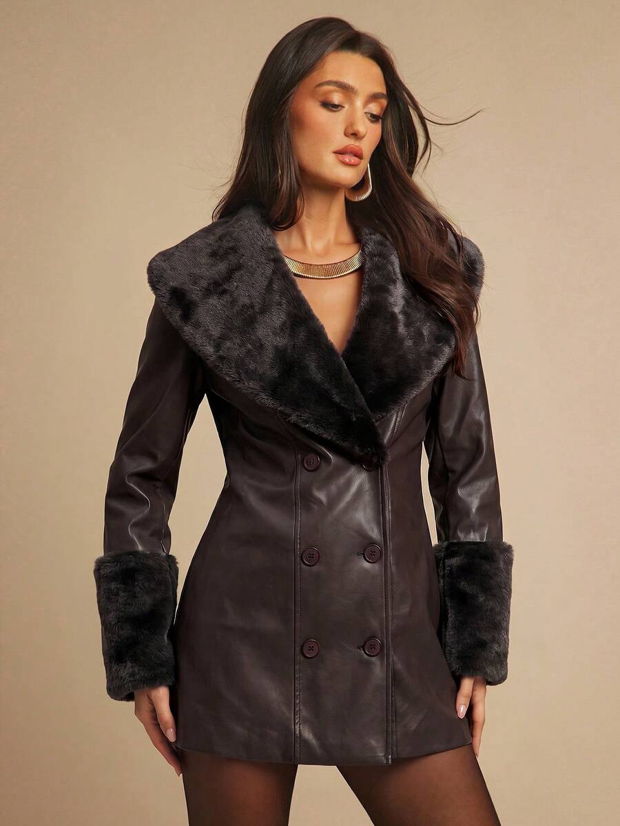 Saint Moritz Faux Fur Collar Double Breasted Faux Leather Jacket