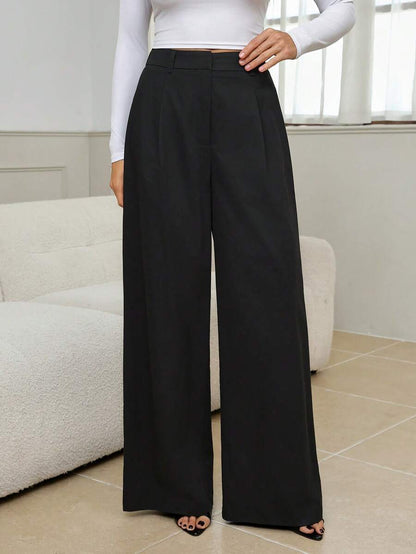 Isla High Waisted Wide Leg Pants with Pleated Front - Black